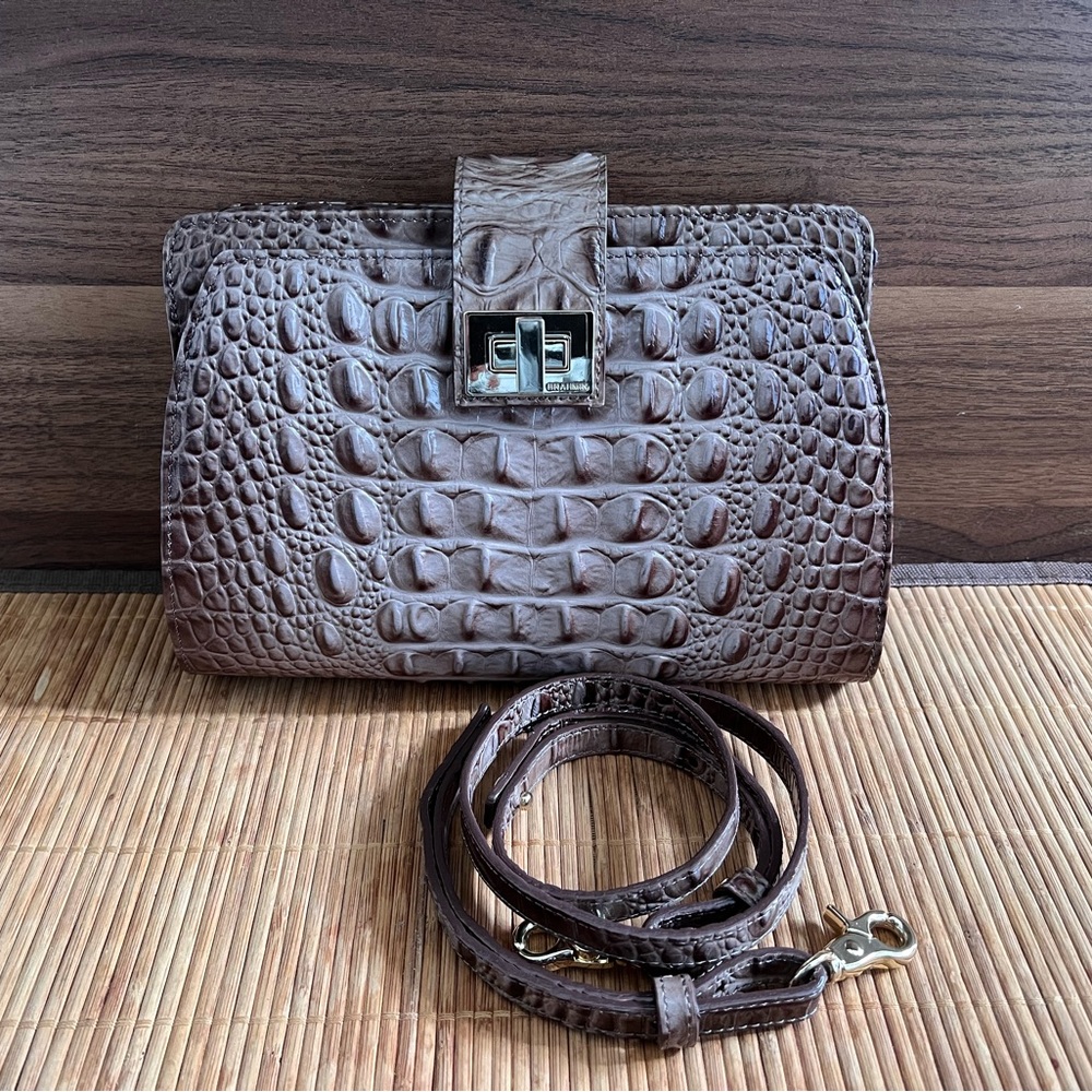 Brahmin Croc-Embossed Brown/Tan Leather Crossbody Bag w/ Gold Hardware